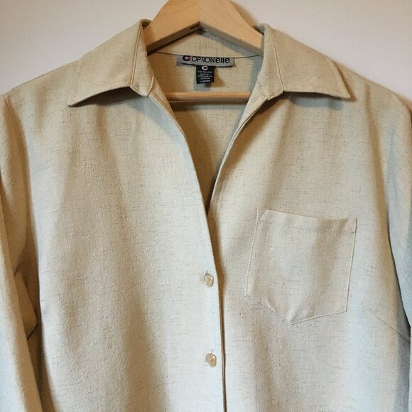 Vintage Optionelle Beige Button Down Tie Sleeve Top Canadian Made - Picture 4 of 16